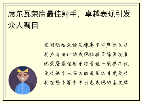 席尔瓦荣膺最佳射手，卓越表现引发众人瞩目